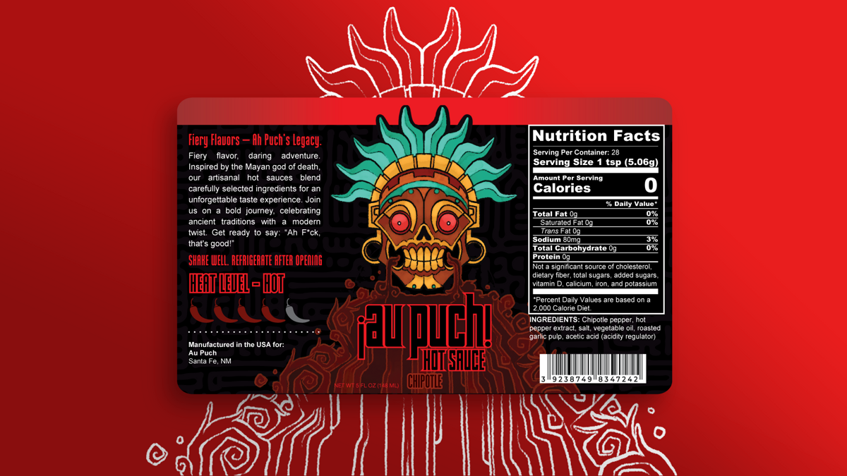 Graphic of hot sauce packaging chipotle label