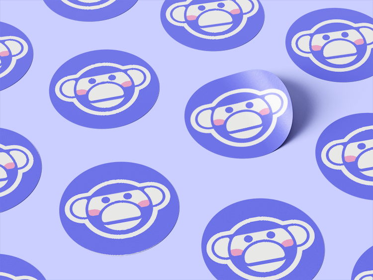 Graphic of Kirsten, Kiki, Smith's brand stickers of a monkey head