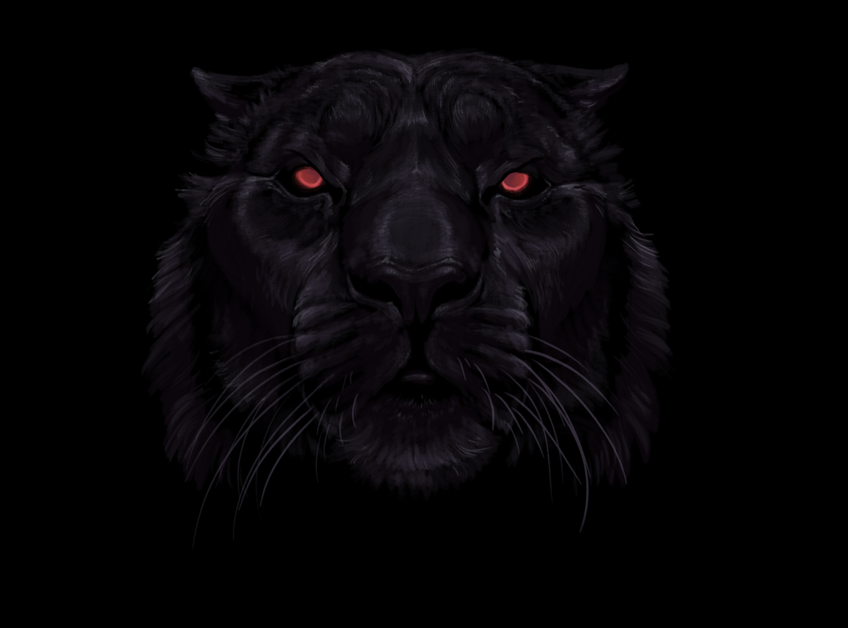 Dark silhouette of a black panther's face emerging from a black background