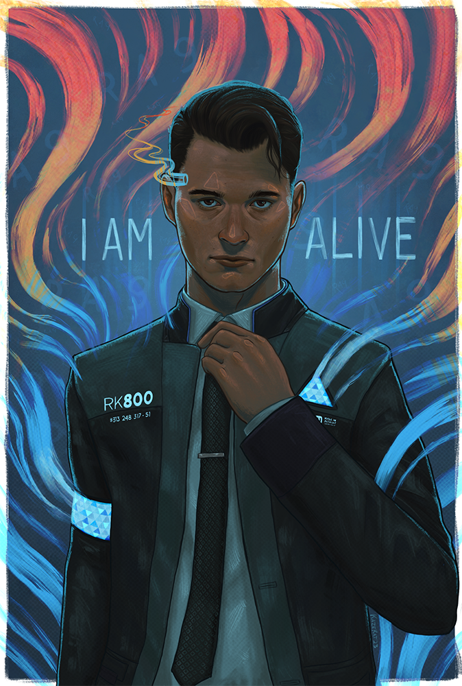 Digital portrait of an android man in a suit with the words "I AM ALIVE" painted in the background